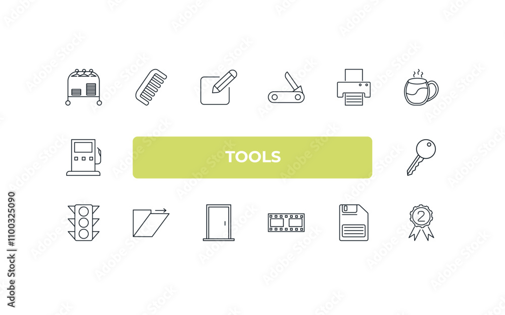Poster fully editable outline icon collection from tools concept. thin line icons set such as clothes rack,