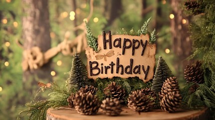 Woodland theme birthday with forest backdrop, pinecones, rustic "Happy Birthday" in earthy colors and fireflies