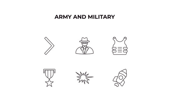 fully editable outline icon collection from army and military concept. thin line icons set such as chevron, secret agent, bulletproof, explosion, launcher,