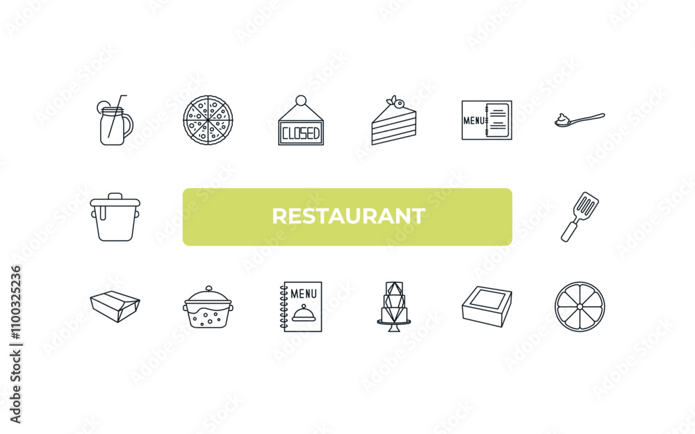 Poster fully editable outline icon collection from restaurant concept. thin line icons set such as drink ja