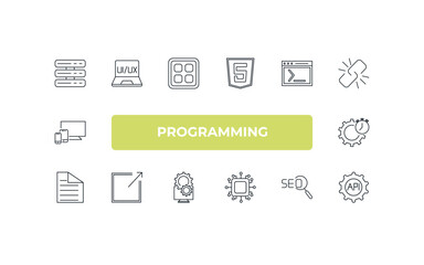 fully editable outline icon collection from programming concept. thin line icons set such as server, ux de, code terminal, image seo, api,