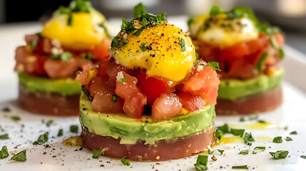 Captivating Close-Up of Avocado Tuna Tomato Egg Verrines Taken with an iPhone 15 Pro - Perfectly Clear, High-Resolution, and Photorealistic Shot