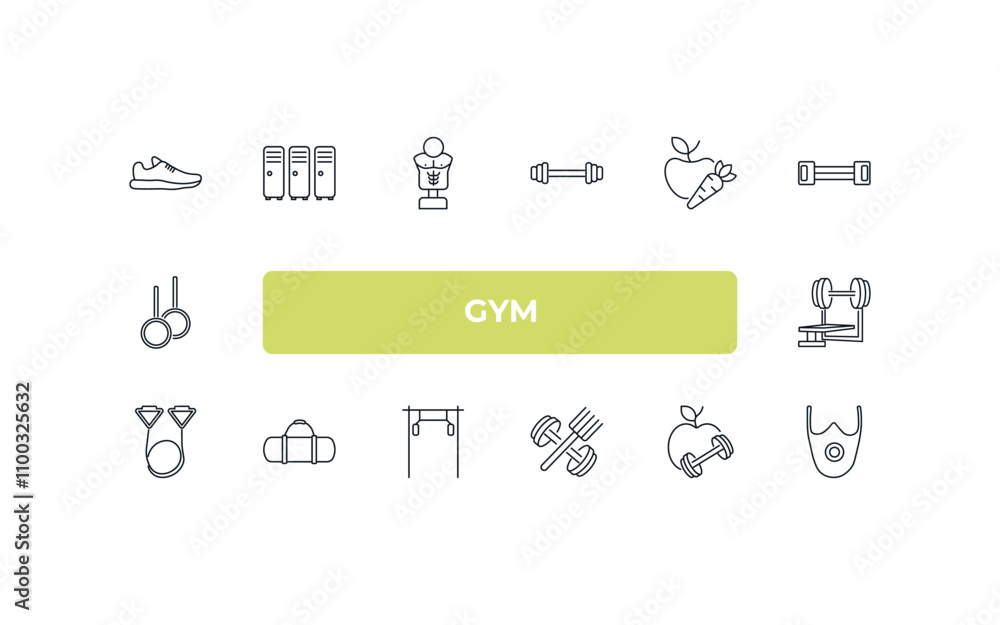 Poster fully editable outline icon collection from gym concept. thin line icons set such as trainers, locke