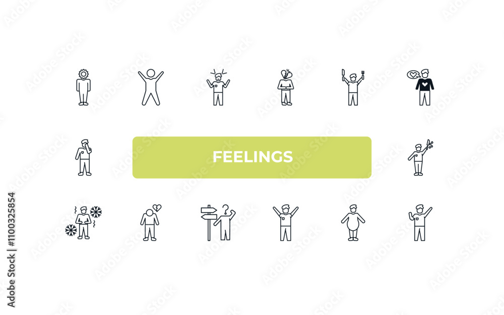 Poster fully editable outline icon collection from feelings concept. thin line icons set such as incomplete