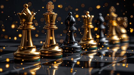 Intense chess showdown with sparkling pieces in a dramatic setting at twilight. Generative AI