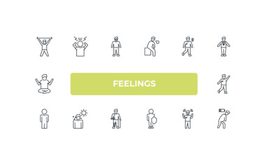 fully editable outline icon collection from feelings concept. thin line icons set such as pumped human, stressed human, blah human, amazed exhausted