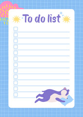 To-do list template with sleeping purple badger illustration. Cute checklist design on a blue grid background. Stationery concept for planners and organization.