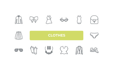 fully editable outline icon collection from clothes concept. thin line icons set such as formal shirt, bow tie, drees, blazer, wool boots,