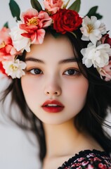 Naklejka premium A woman wearing a flower headband with red and white flowers