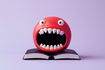 Naklejka premium A red monster with big teeth is sitting on top of a book