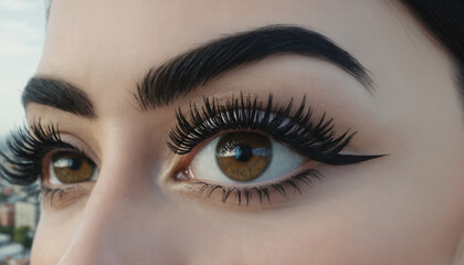 Fototapeta premium Large female eye with black eyelashes gazing at the urban landscape