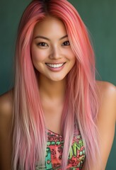 Fototapeta premium A woman with long pink hair and a colorful shirt is smiling