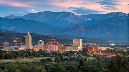 Downtown Colorado Springs Skyline at Dusk With Mountains in the Background. Generative AI