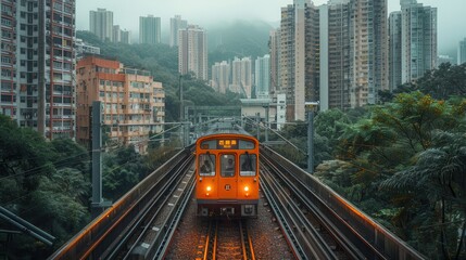 Obraz premium Vibrant orange train gliding through urban landscape of towering buildings in misty Hong Kong. Generative AI