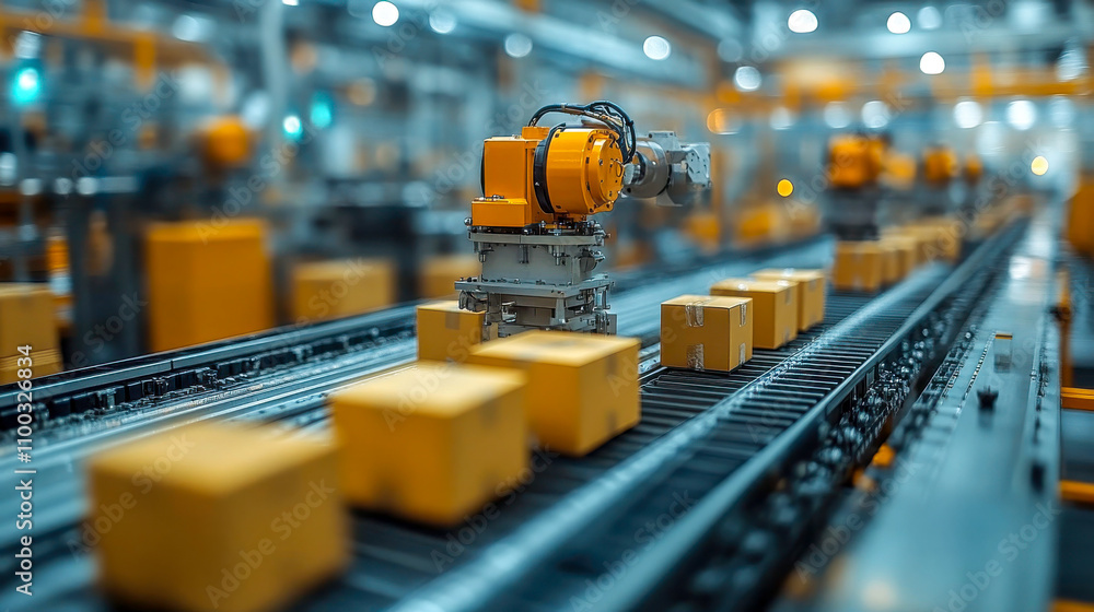 Poster factory conveyor system with robotic arms handling cardboard boxes, illustrating automated logistics
