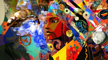 Fototapeta premium Symbolic image of cultural diversity using a vibrant, abstract collage of overlapping cultural symbols and patterns in a simple backdrop, Photo of