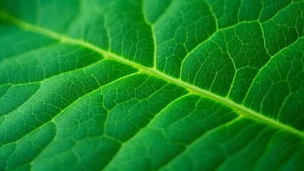 Obraz premium Macro close-up of vibrant green leaf texture with prominent veins, showcasing natural beauty. Ideal for nature designs, botanical studies, environmental projects, and as a background or texture