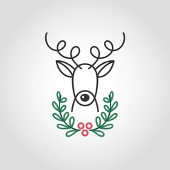 Naklejka premium Simple Christmas reindeer and holly wreath illustration, designed as a minimalist line art icon for festive winter holiday graphic projects.