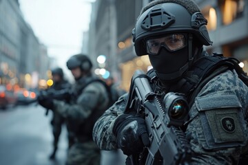 Obraz premium A man in a military uniform is holding a gun and standing on a street