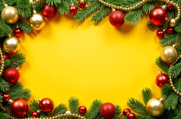 rectangular frame made of fir branches and Christmas toys and spaces