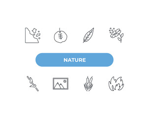 fully editable outline icon collection from nature concept. thin line icons set such as falling debris, cercis leaf, lanceolate, reed bed, burning flames,