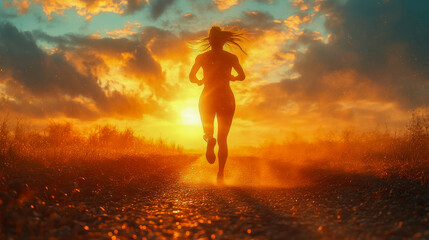 A silhouette of a woman jogging on a misty road, illuminated by glowing orange light, surrounded by sparkling rain droplets