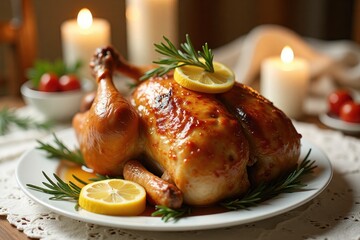 Delicious roasted chicken with lemons and rosemary on elegant table setting