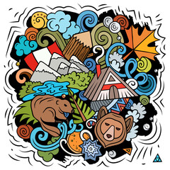 Canada cartoon doodle illustration. Funny Canadian design. Creative vector background with north America country elements and objects