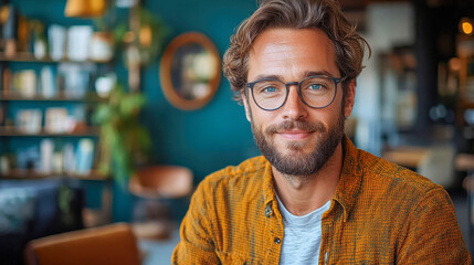 Fototapeta premium A friendly young man with tousled hair and blue eyes, casually dressed, sitting in a warmly lit cafe
