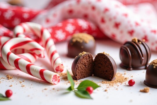 Christmas. Holiday sweets with candy canes and chocolate truffles with copy space for festive designs - Powered by Adobe