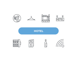fully editable outline icon collection from hotel concept. thin line icons set such as breakfast, checkroom, bunk bed, champagne, free wifi,