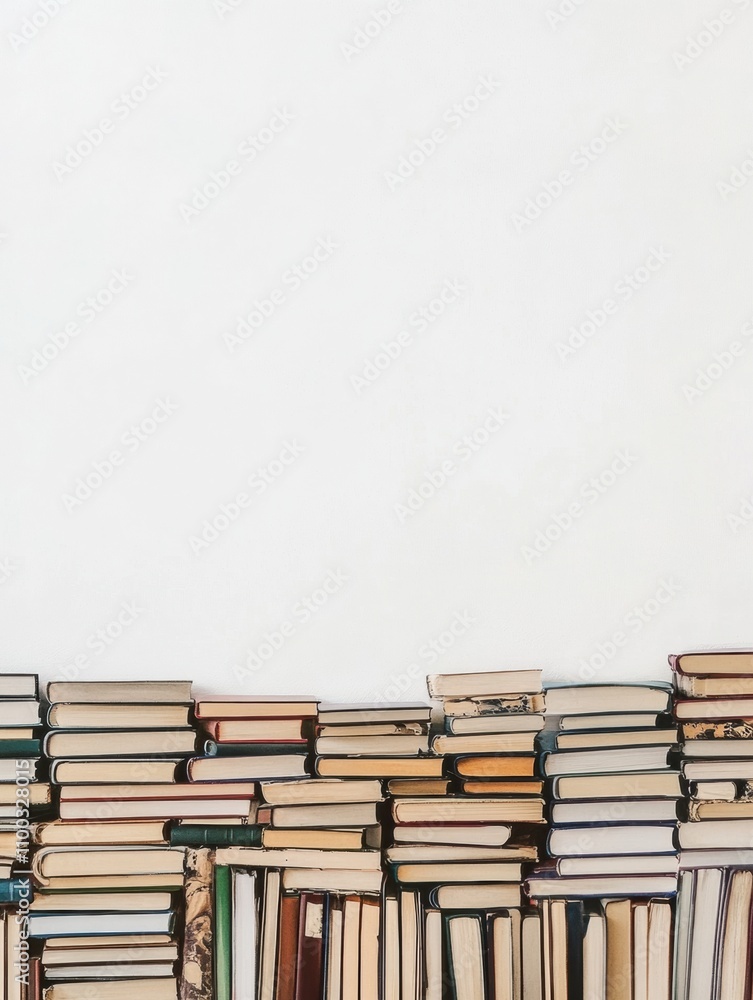 Poster a collection of books from different genres is arranged in an organized manner on a clean, white bac