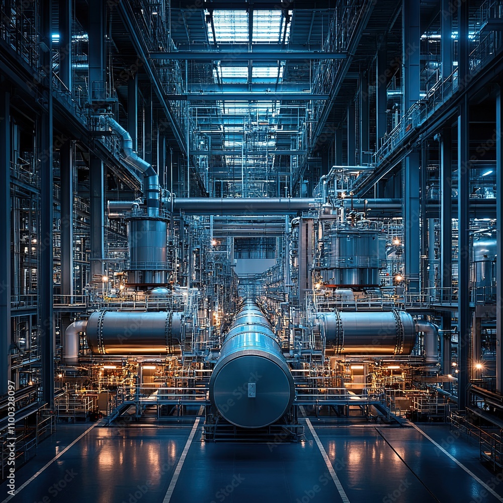 Poster industrial machinery operations factory setting photographic image high-tech environment close-up vi