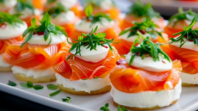 A gourmet platter of salmon canapes garnished with herbs, ideal for Christmas and gourmet parties