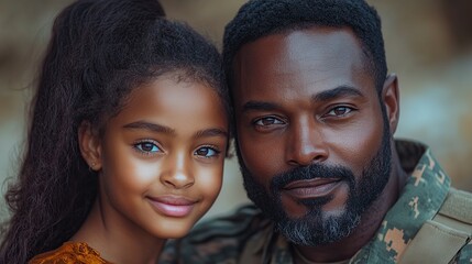 Portrait of military soldier in uniform with his daughter