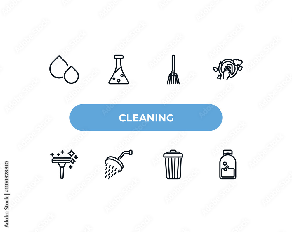 Poster fully editable outline icon collection from cleaning concept. thin line icons set such as liquid, pr