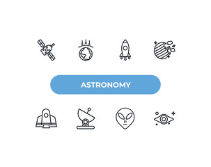 fully editable outline icon collection from astronomy concept. thin line icons set such as space module, aerosphere, liftoff, little extraterrestial, black hole, © Design_Farm