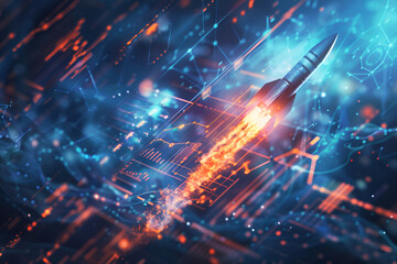 Futuristic rocket launch in digital space with fiery trail and abstract technology background