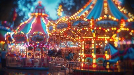 Obraz premium Illuminated carousel rides at night, blurry background.