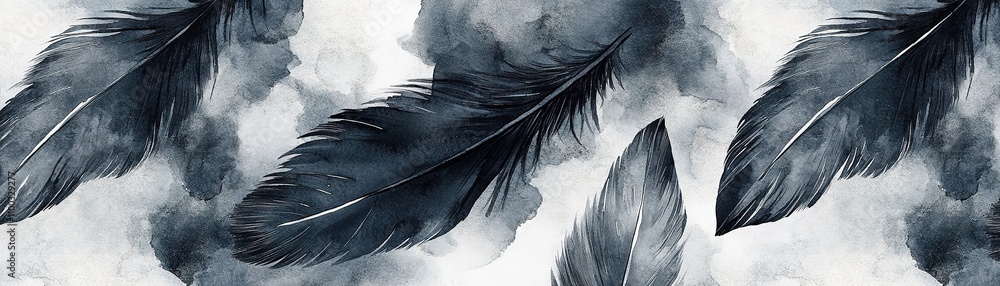 Poster elegant black feathers floating in an artistic composition nature-inspired abstract art serene envir
