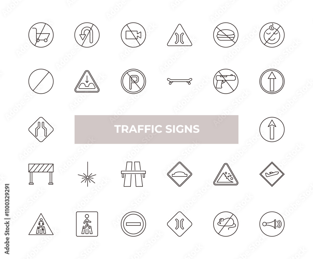 Poster fully editable outline icon collection from traffic signs concept. thin line icons set such as no sh