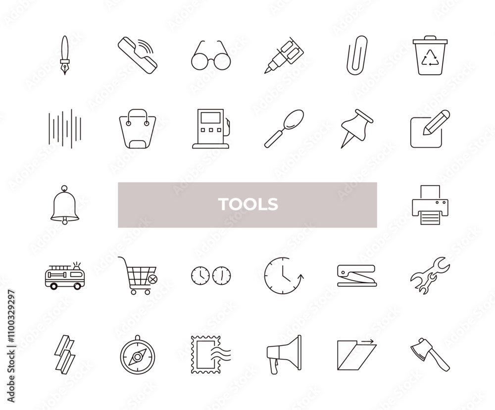 Poster fully editable outline icon collection from tools concept. thin line icons set such as ink pen, ring