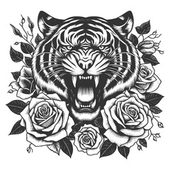 Obraz premium roaring tiger surrounded by blooming roses, tattoo. Fierce wildlife with delicate floral elements sketch engraving generative ai raster illustration. Scratch board imitation. Black and white image.