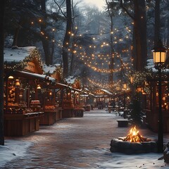Enchanting Christmas Market Nestled in a Serene Forest Setting, Featuring Glowing Lights, Rustic Stalls, and a Cozy Atmosphere for Holiday Cheer