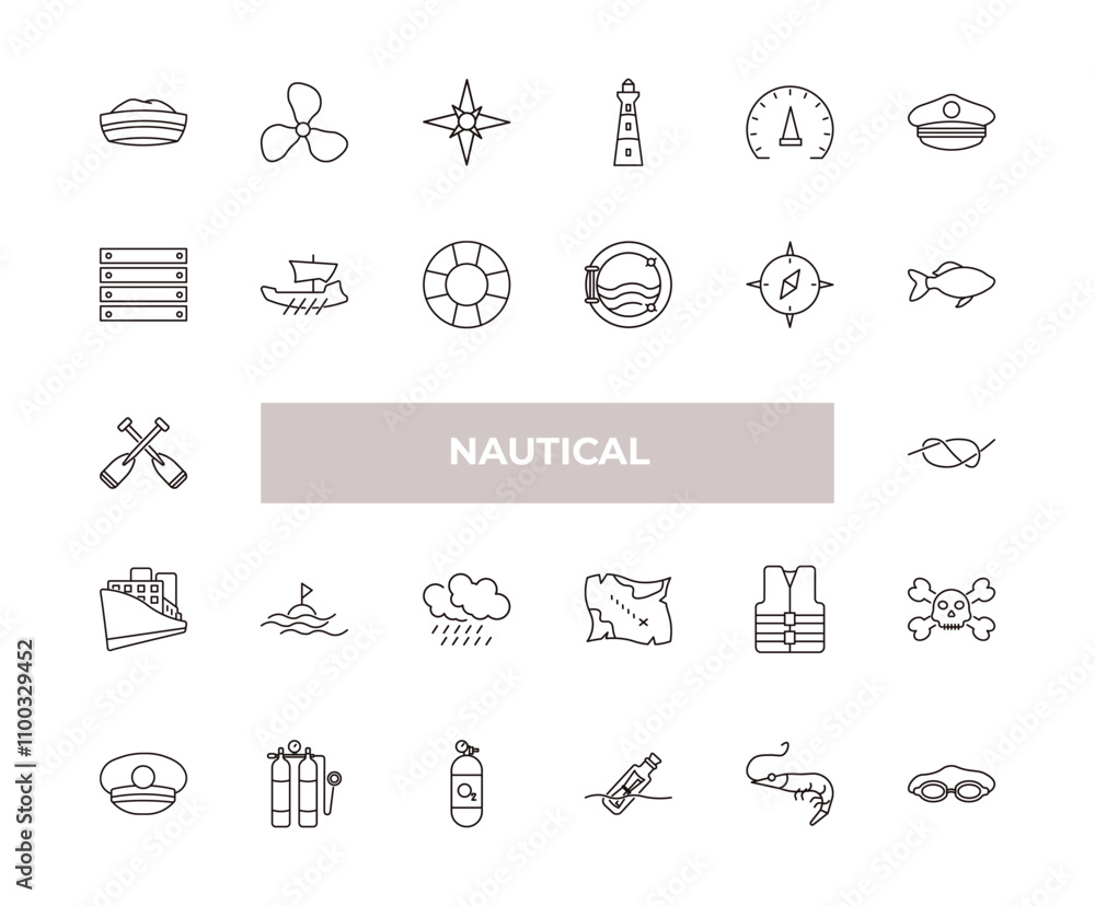 Poster fully editable outline icon collection from nautical concept. thin line icons set such as sailor cap