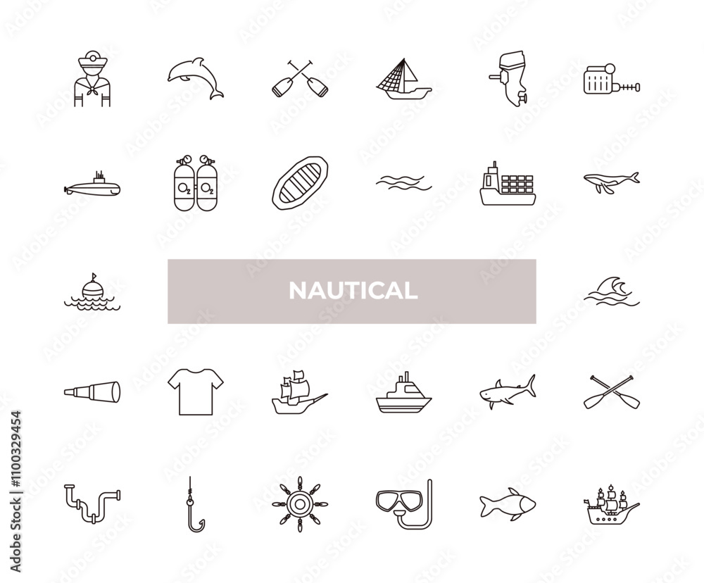 Poster fully editable outline icon collection from nautical concept. thin line icons set such as rubber raf