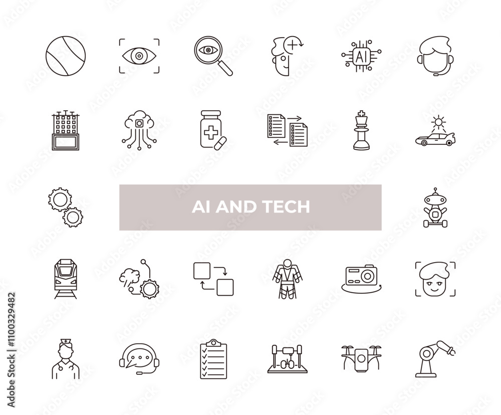 Poster fully editable outline icon collection from ai and tech concept. thin line icons set such as ball, e
