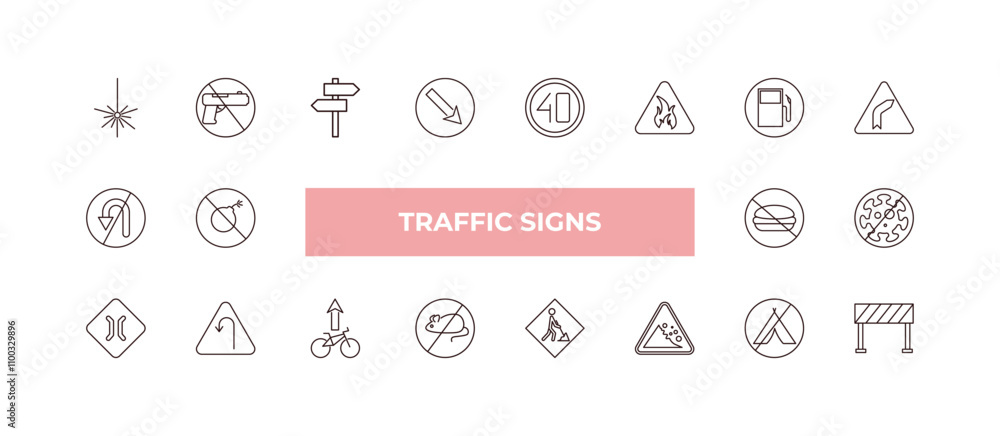 Poster fully editable outline icon collection from traffic signs concept. thin line icons set such as laser