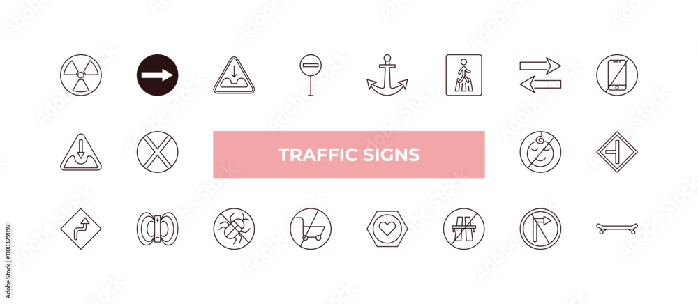 Poster fully editable outline icon collection from traffic signs concept. thin line icons set such as nucle