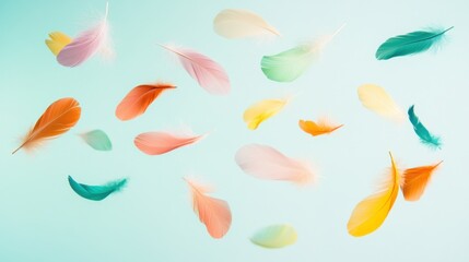 Naklejka premium Symbolic portrayal of diversity represented by a scattering of multicolored, abstract feathers floating in a minimalist space, Photo of